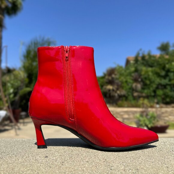 New True Red Pointed Toe Kitten Low Heel Ankle Boots Booties Faux Patent Leather - Picture 6 of 7